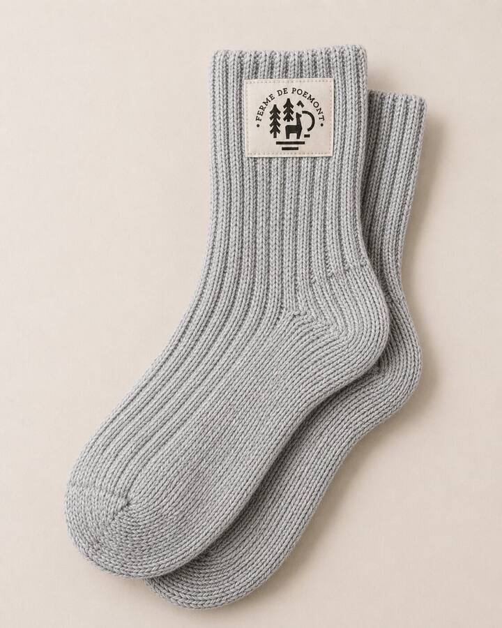 Chaussettes Poëmont en laine d'alpaga gris chiné, étiquette Ferme de Poëmont