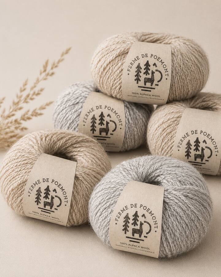 Pelotes de laine d'alpaga Poëmont, étiquette 100% Alpaca Wool