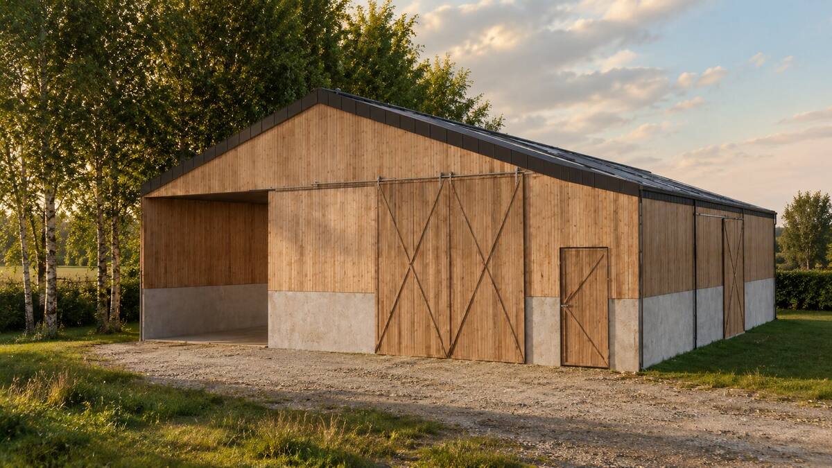 Vue d'ensemble du projet de bâtiment agricole de la Ferme de Poëmont, façade Sud-Est en lumière de fin de journée